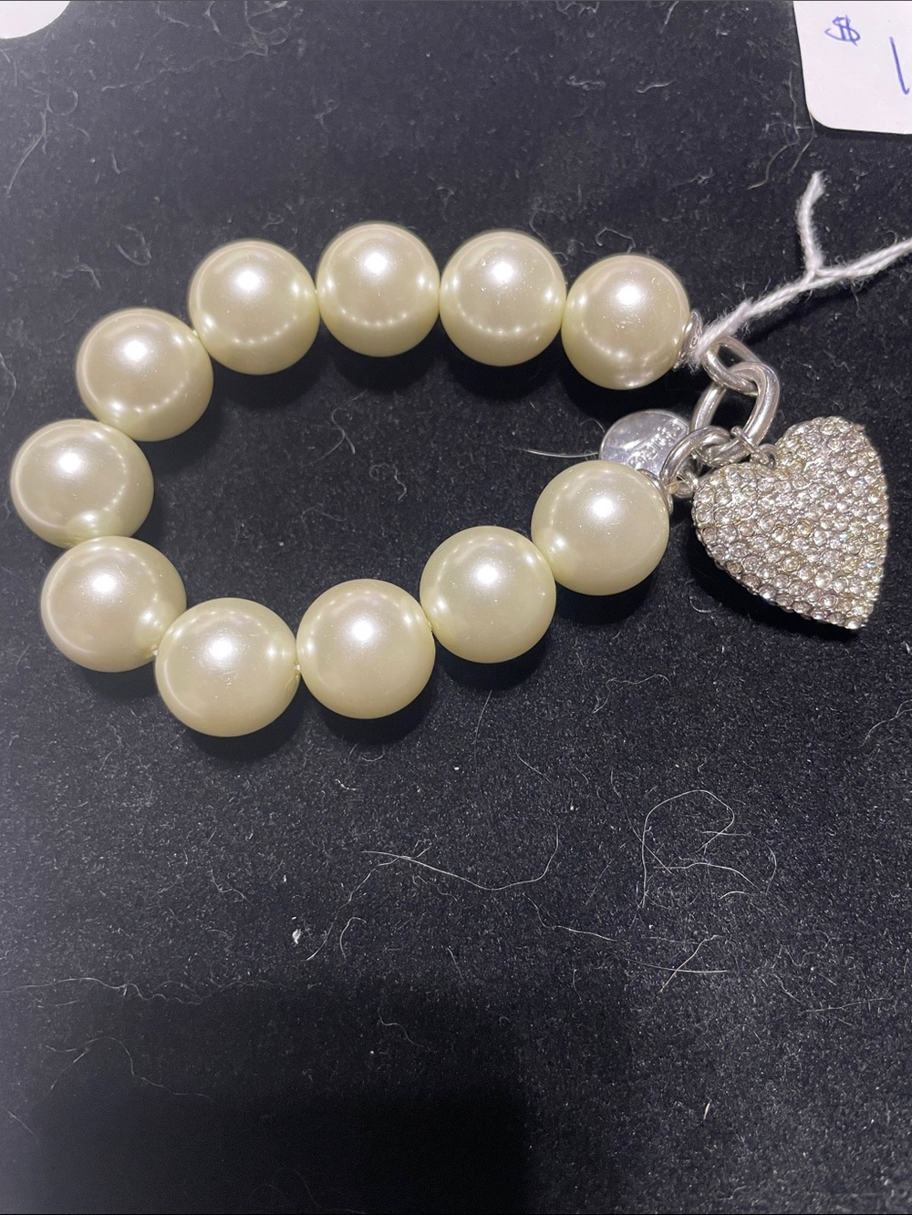 Rhinestone Heart Pearl Stretch Bracelet - Pearl White